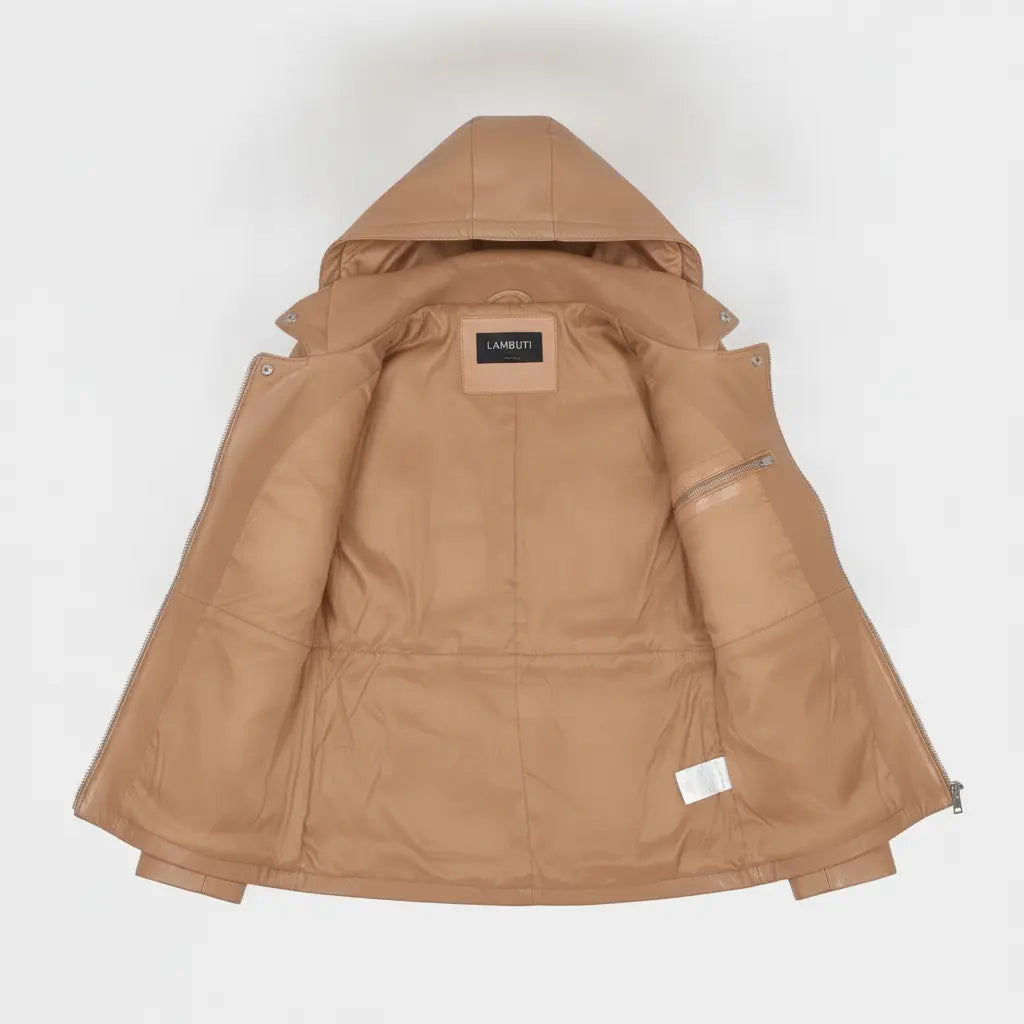 Women's Tan Hooded Leather Jacket — Strode