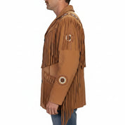 Men's Handmade Tan Brown Fringed Suede Leather Cowboy Jacket