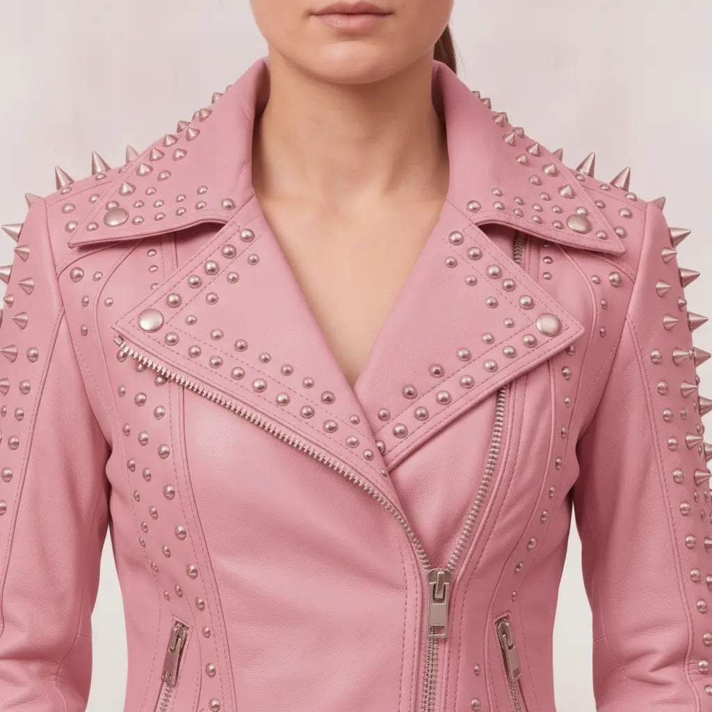 Women's Pink Studded Leather Biker Jacket — Acreley