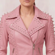 Women's Pink Studded Leather Biker Jacket — Acreley