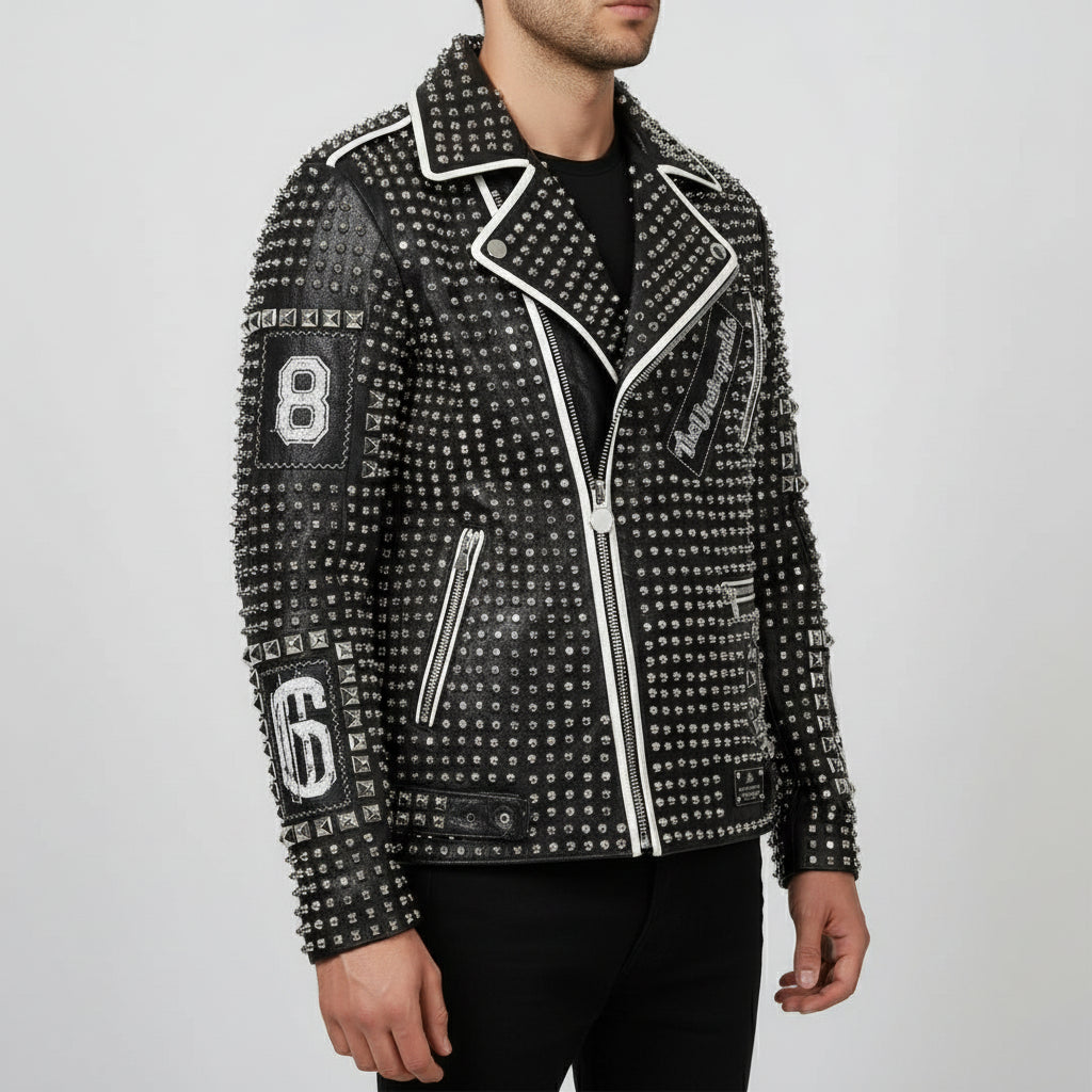Men's Black Diamond Studded Brando Lapel Collar Leather Motorcycle Jacket