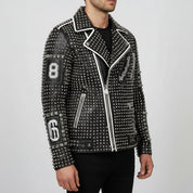 Men's Black Diamond Studded Brando Lapel Collar Leather Motorcycle Jacket