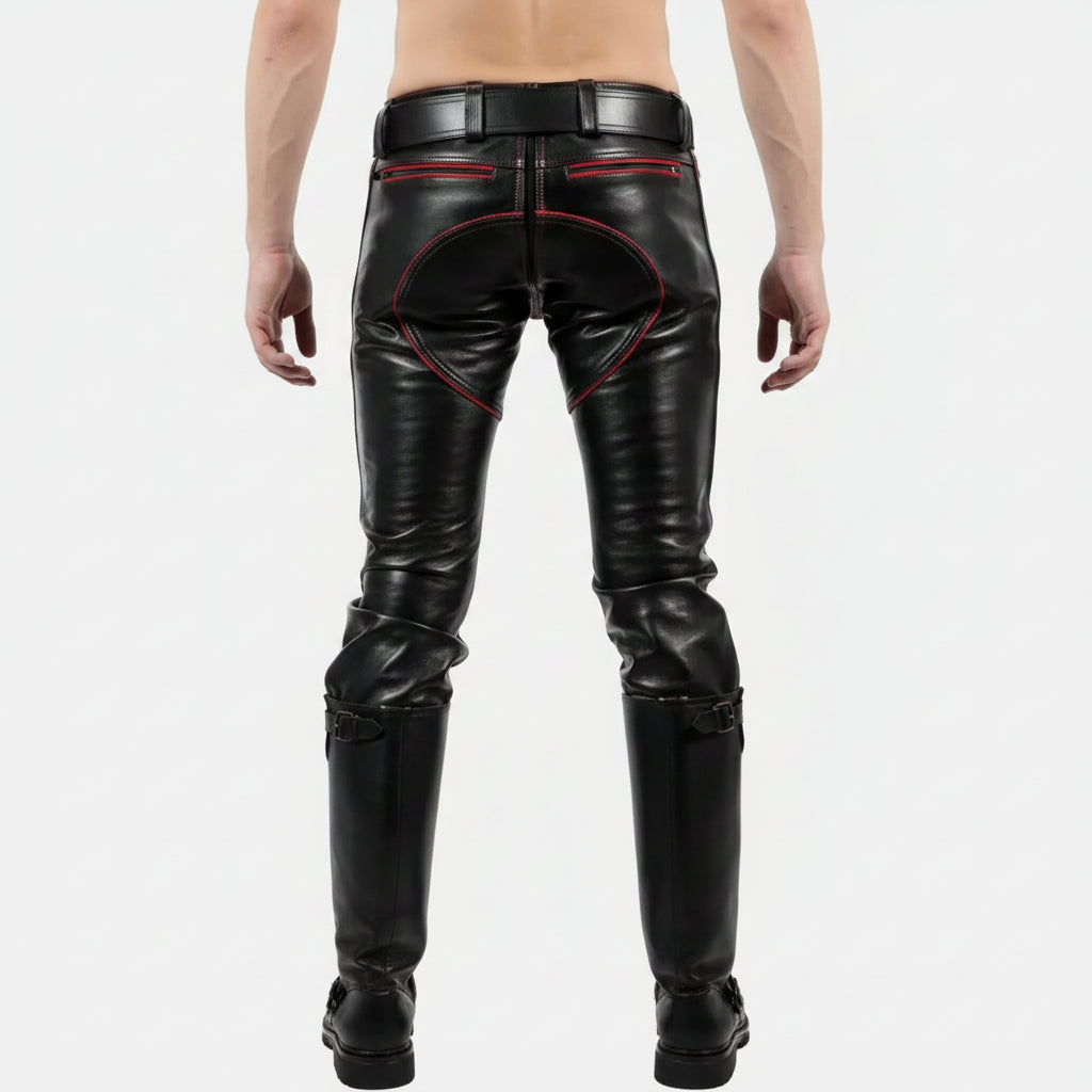 Handmade Men's Black Leather Fashion Pants with Red Stripes