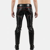 Handmade Men's Black Leather Fashion Pants with Red Stripes