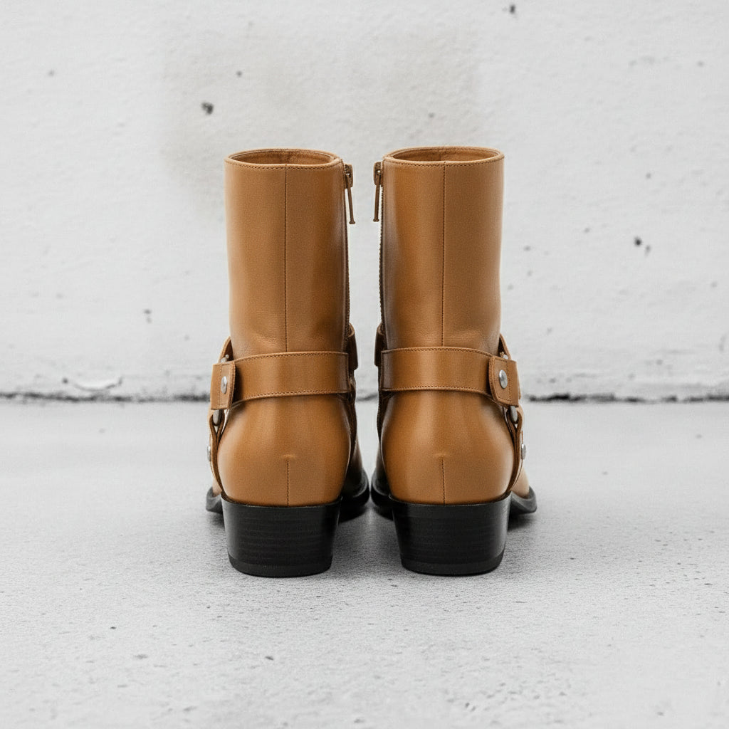 Men's Tan Plain-Toe Leather Biker Boots