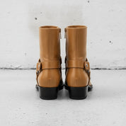 Men's Tan Plain-Toe Leather Biker Boots