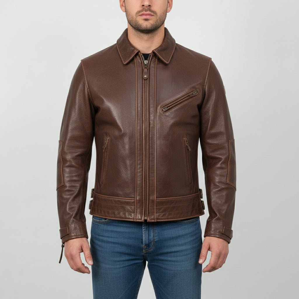 Handmade Mens Antique Brown Leather Jacket. Brown Fashion Biker Leather Jacket