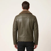 Men's Olive Green and Brown Shearling Leather Biker Jacket — Brighouse