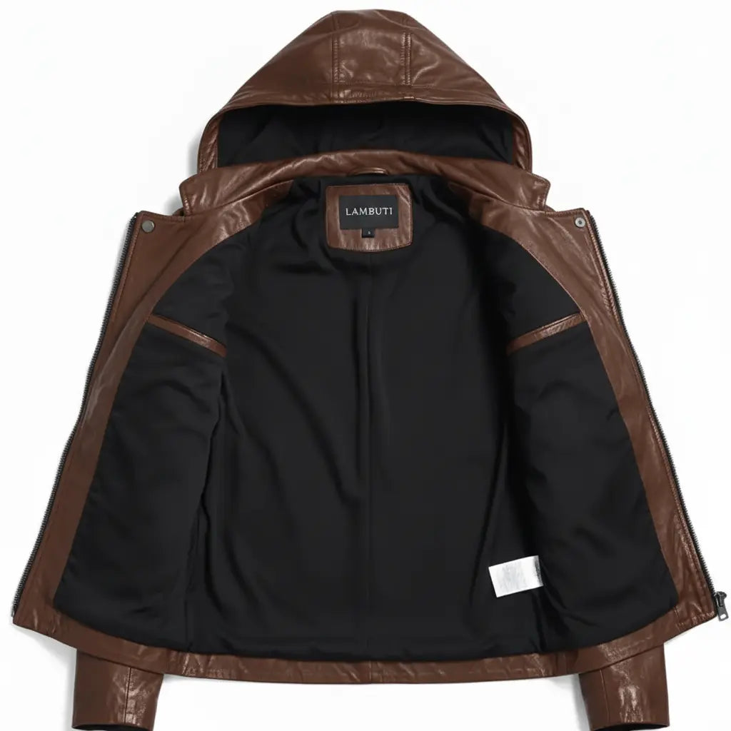 Women's Brown Hooded Leather Biker Jacket — Greenwell
