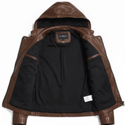 Women's Brown Hooded Leather Biker Jacket — Greenwell