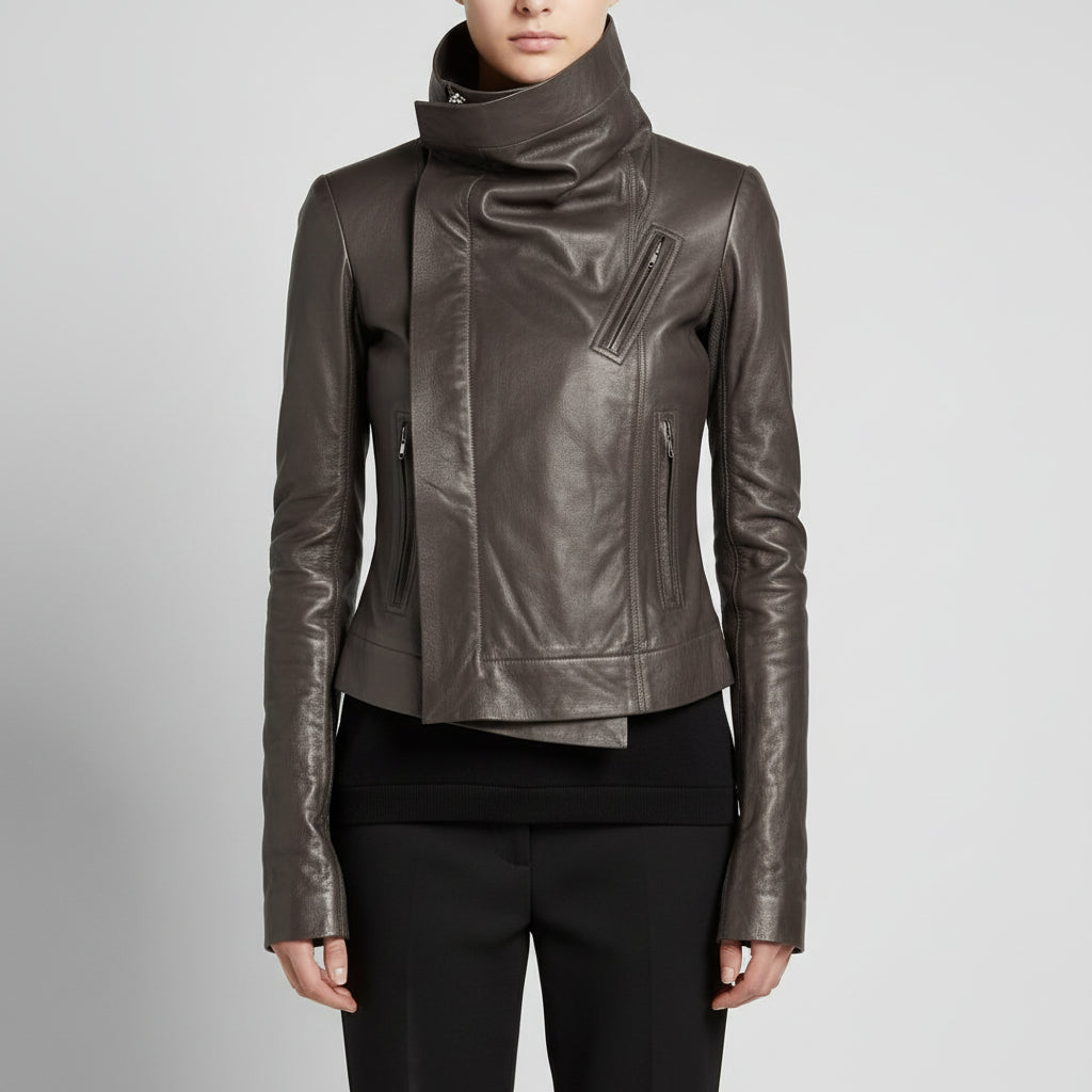 Handmade Women's Brown Wide Collar Leather Jacket