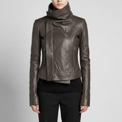 Handmade Women's Brown Wide Collar Leather Jacket