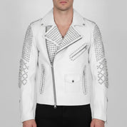 Men's Bright White Studded Leather Biker Jacket — Abberwall