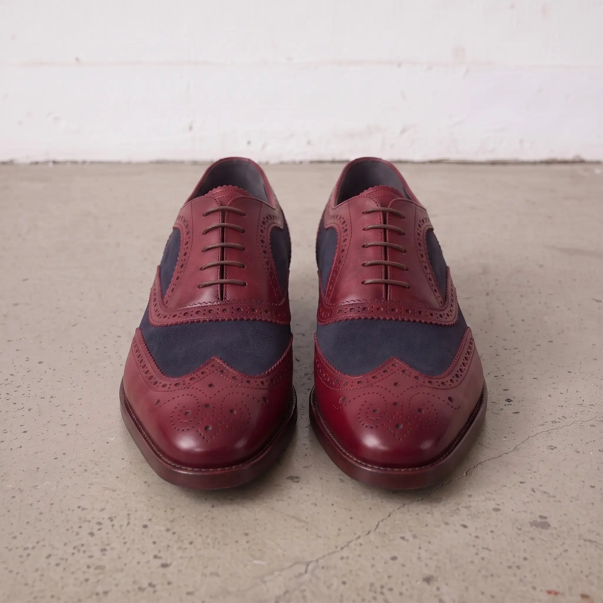 Men's Burgundy and Navy Wingtip Leather Spectator Oxfords — Anglesey