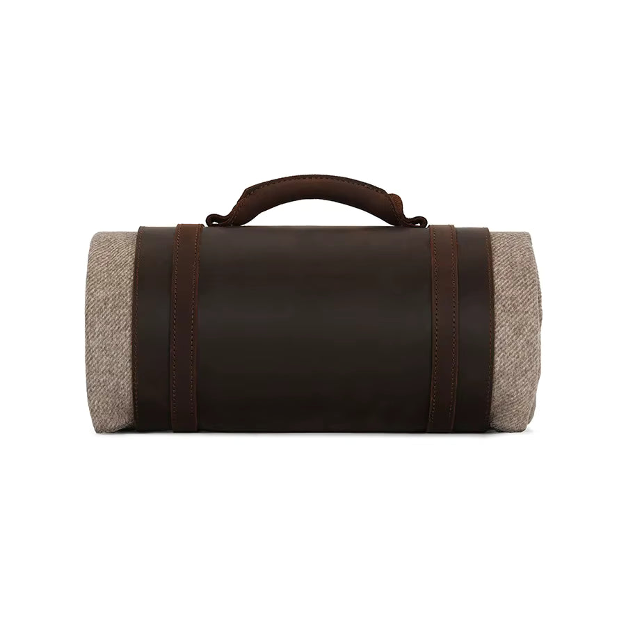 Dark Brown Full-Grain Leather Rolled Blanket Carrier with Brass Hardware