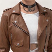 Women's Brown Cropped Leather Biker Jacket — Lapford