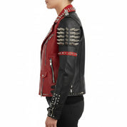 Women's Handmade Black and Red Spikes Zipper Real Cowhide Motorbike Leather Jacket