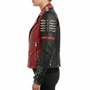 Women's Black and Red Asymmetric Zip Leather Perfecto Biker Jacket — Angus