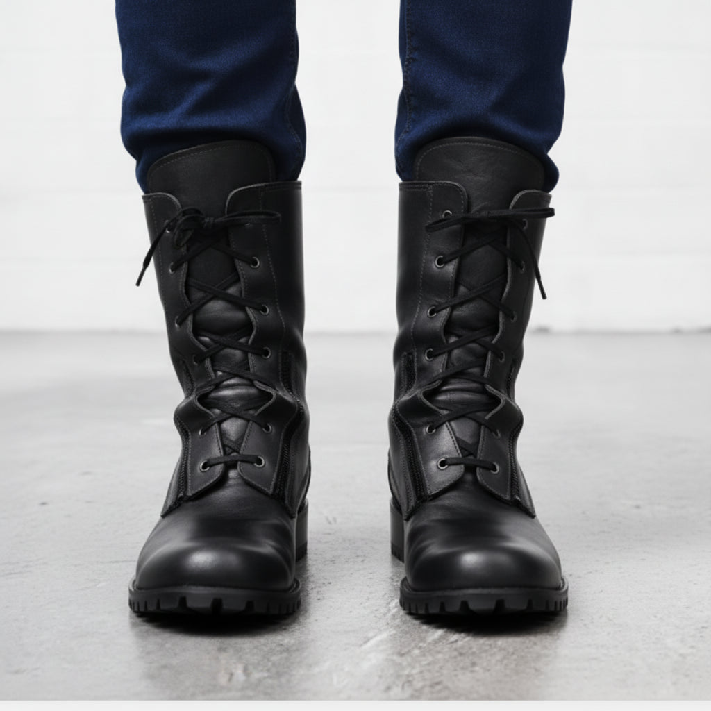Men's Black Plain-Toe Leather Combat Boots