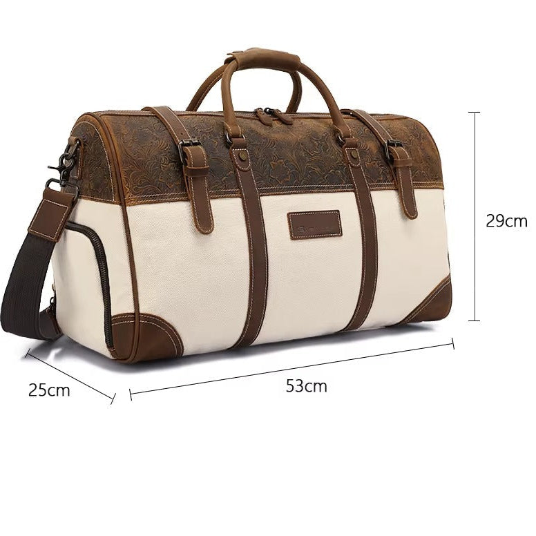 big travel bags for men Beige and Brown Embossed Leather and Canvas Duffel Bag