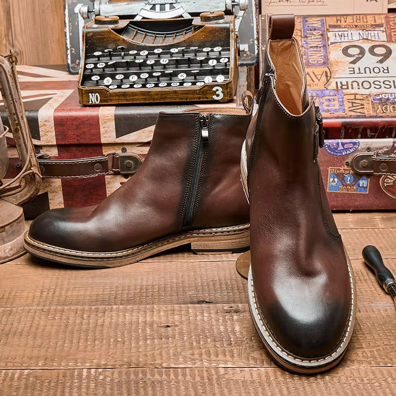 Handcrafted Genuine Leather Ankle Boots with Buckle Strap & Zipper