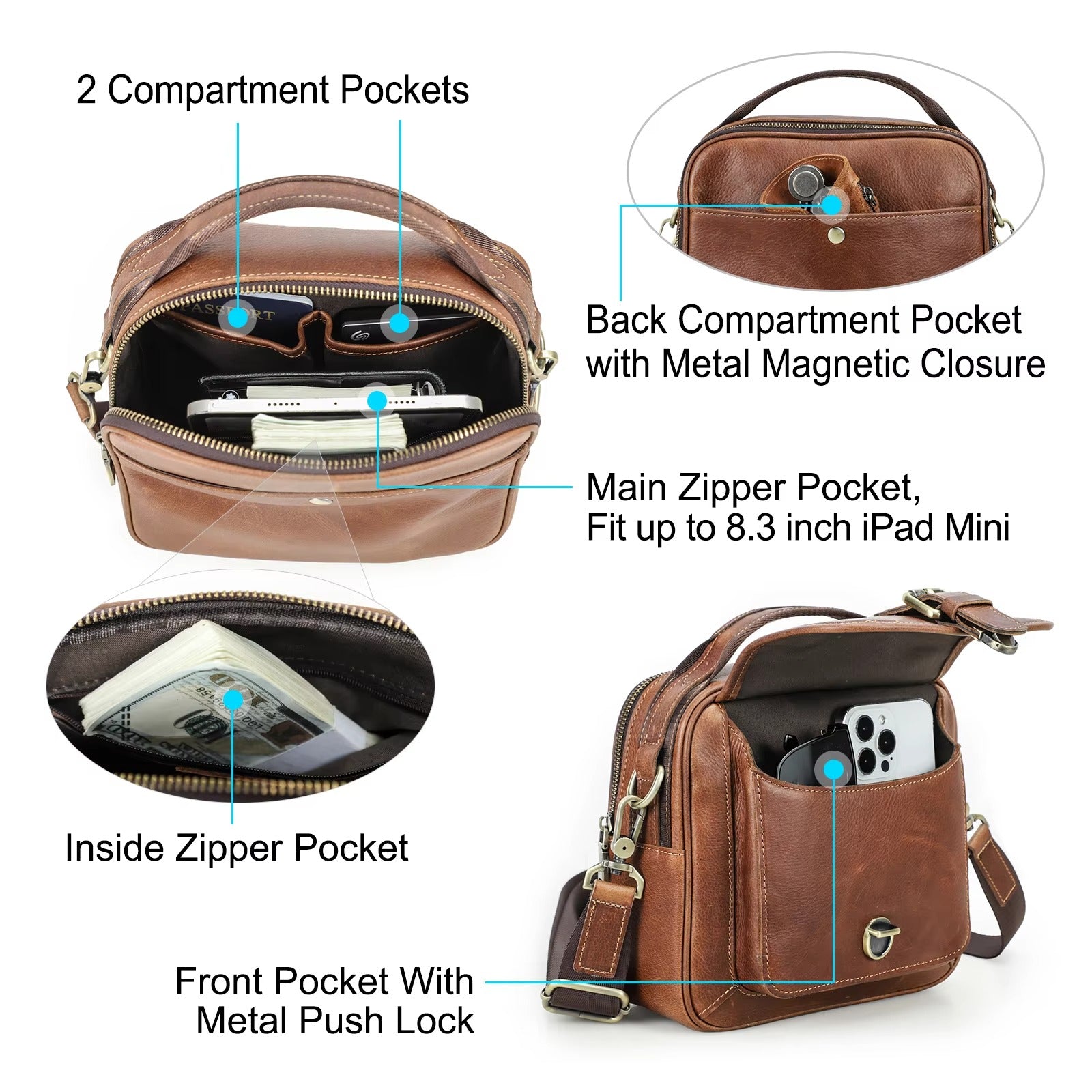 Classic Vintage Leather Shoulder Bag for Men, Premium Crossbody Messenger