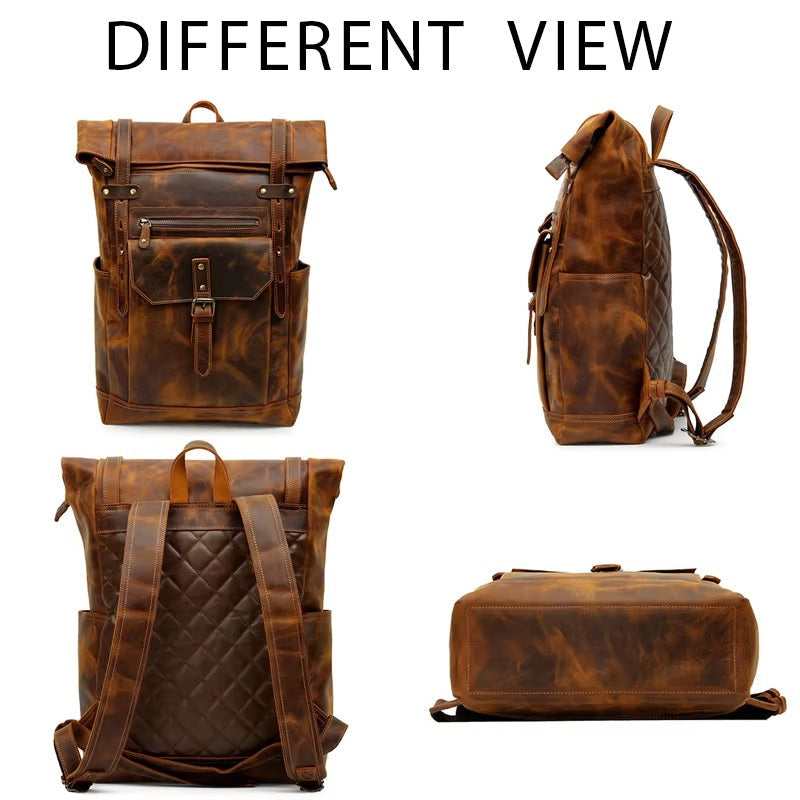 Unisex Roll-Top Leather Backpack for Daily Use