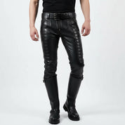 Punk Rock Men's Black Leather Pants, Quilted Detail Biker Trousers