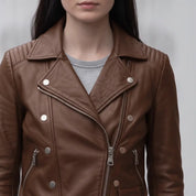 Women's Brown Belted Leather Biker Jacket — Gillard