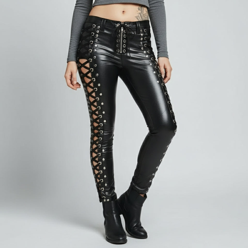 Gothic Women's Genuine Leather Lace-Up Pants, Snug Fit Alt Style