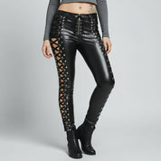 Gothic Women's Genuine Leather Lace-Up Pants, Snug Fit Alt Style