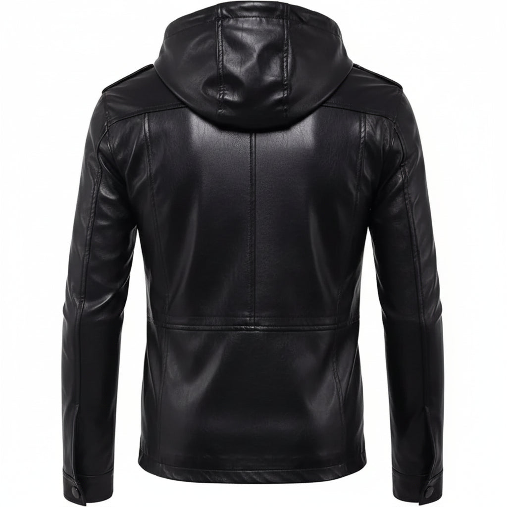 Handmade Mens Black Biker Hooded Leather Jacket, Black Sheep Leather Jacket