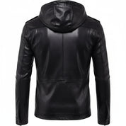 Handmade Mens Black Biker Hooded Leather Jacket, Black Sheep Leather Jacket