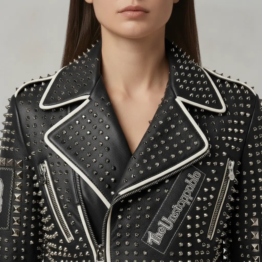 Women's Black Studded Leather Biker Jacket — Ponsonby