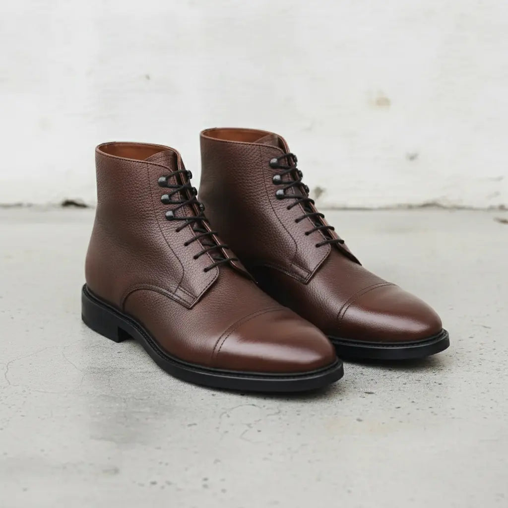 Men's Brown Cap-Toe Pebbled Leather Ankle Boots — Sleaford