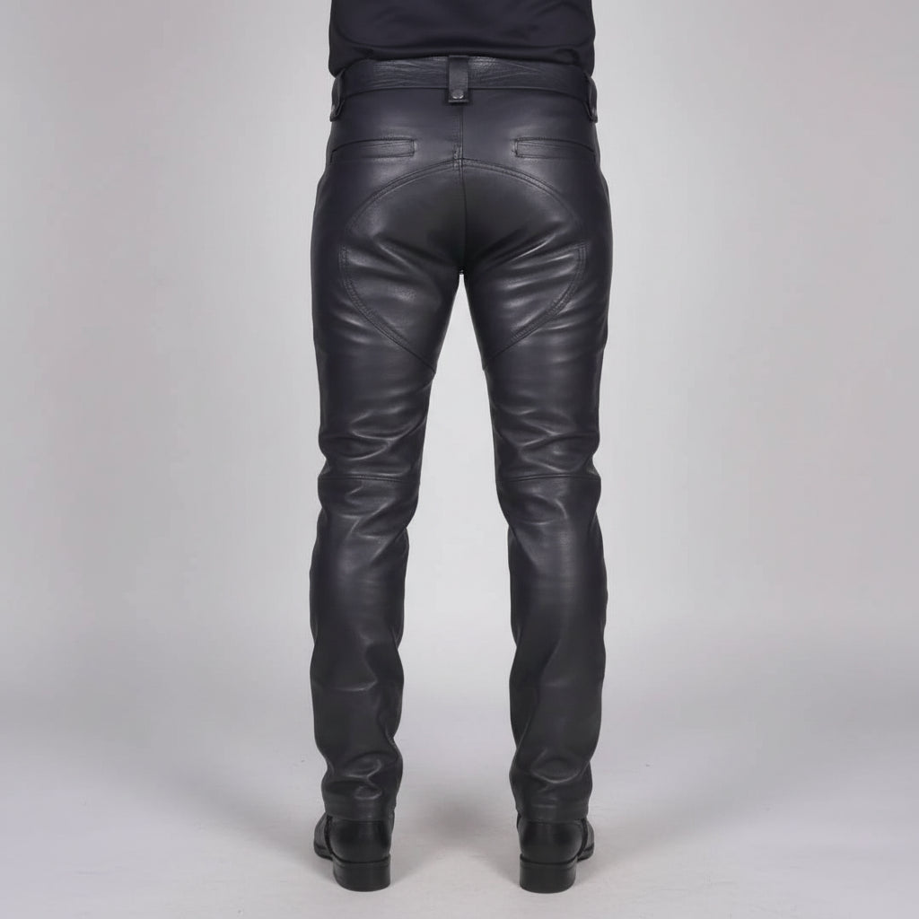 Men’s Black Genuine Leather Rocker Pants –Double Zip Moto Design