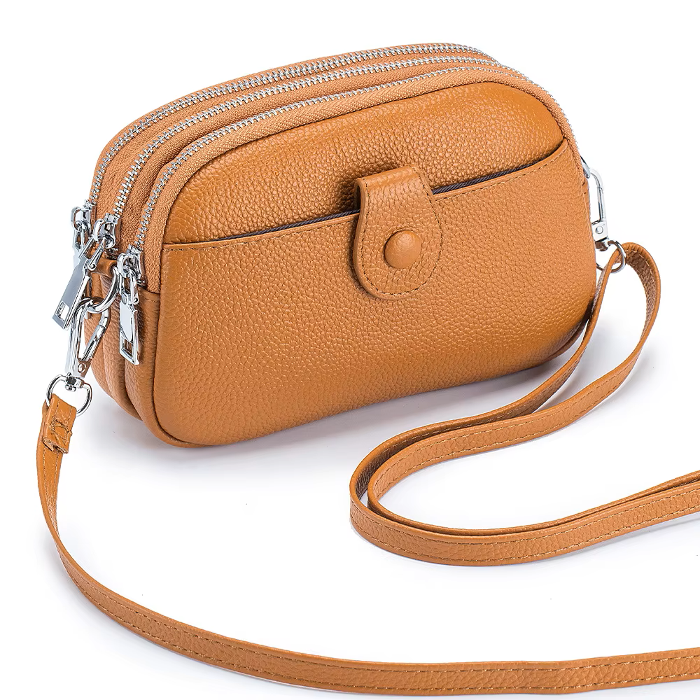 Women's Black Full-Grain Leather Crossbody Phone Bag