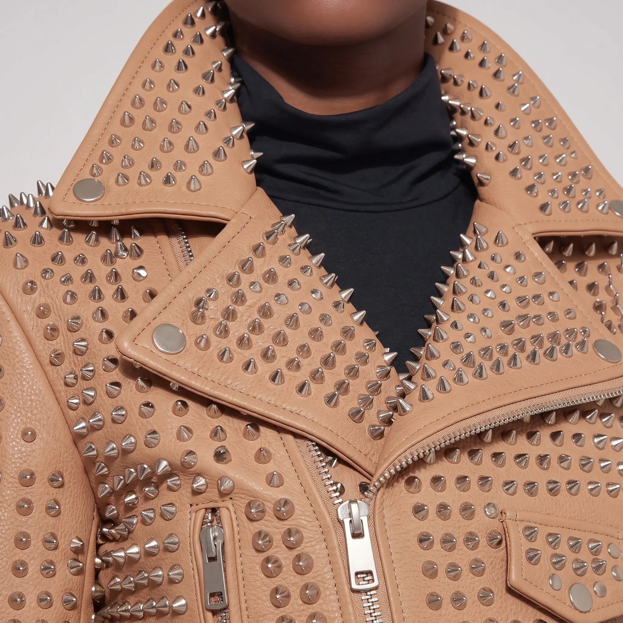 Women's Tan Studded Leather Biker Jacket — Tilton