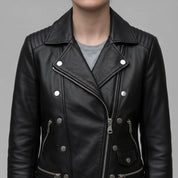Women's Black Belted Leather Biker Jacket — Gillard