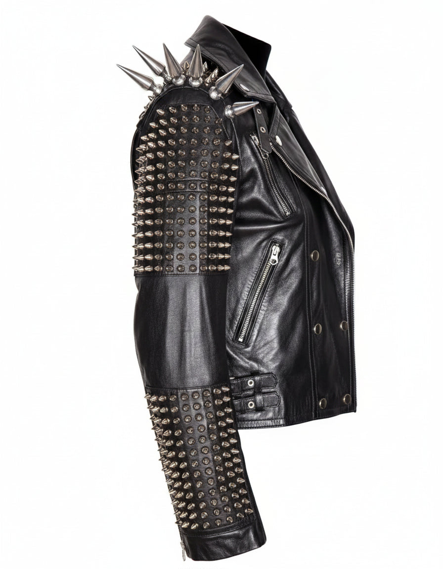 Handmade Punk Men Silver Studded Long Spiked Jacket Leather Black Rock Style Jacket