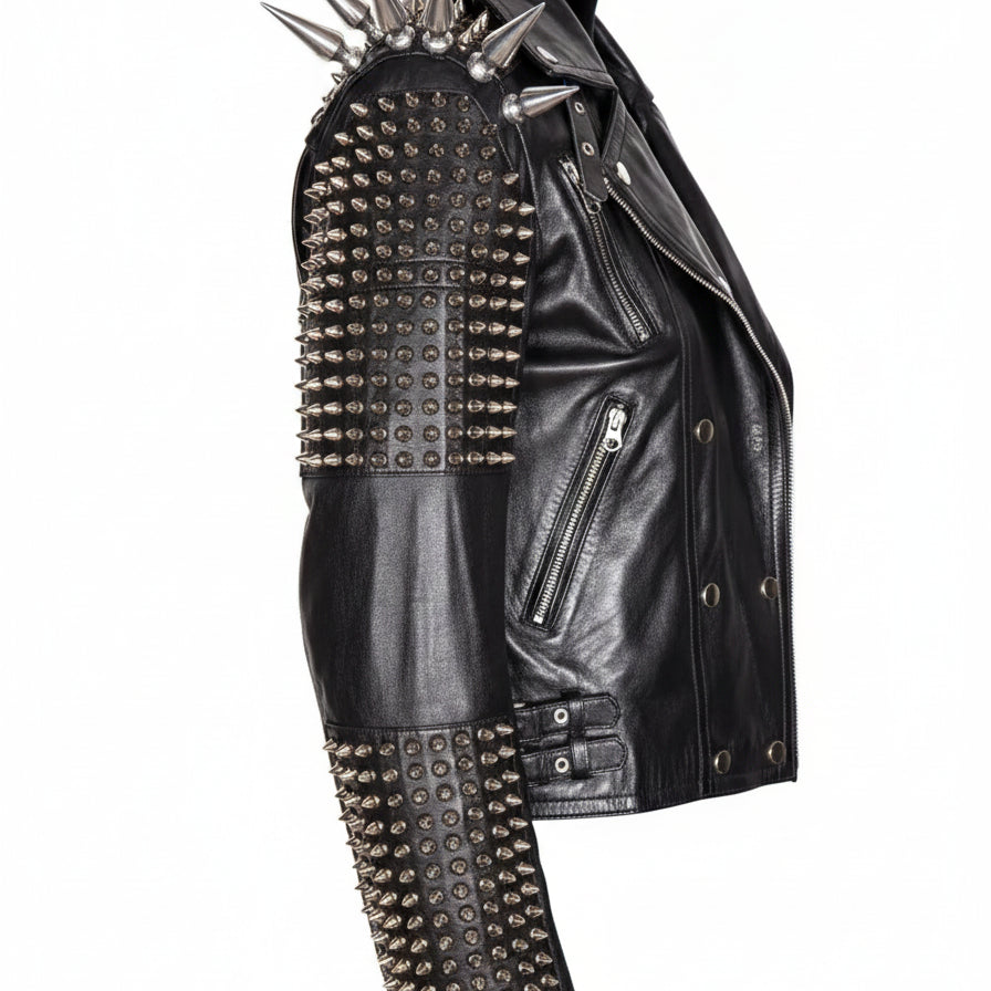 Handmade Punk Men Silver Studded Long Spiked Jacket Leather Black Rock Style Jacket