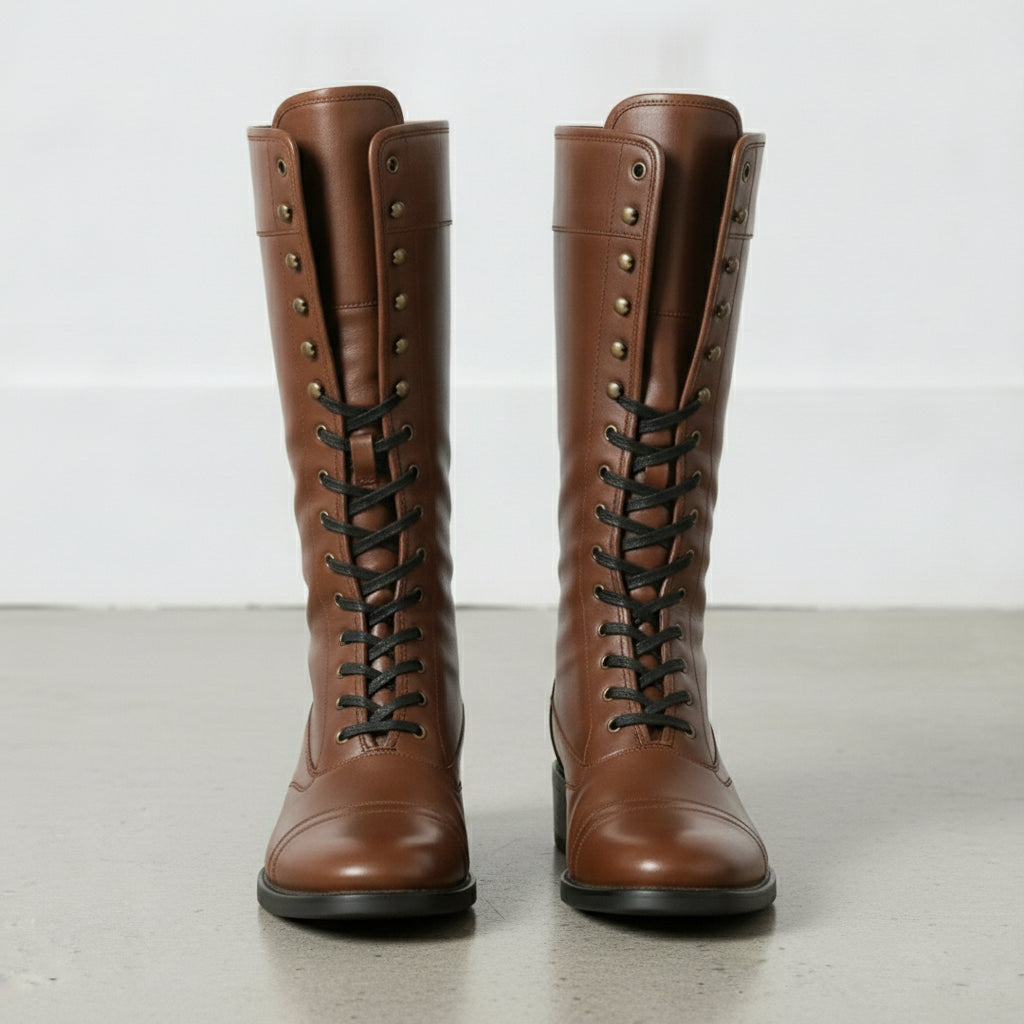 Men's Brown Cap-Toe Leather Knee-High Biker Boots