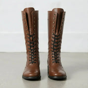 Men's Brown Cap-Toe Leather Knee-High Biker Boots — Beckham