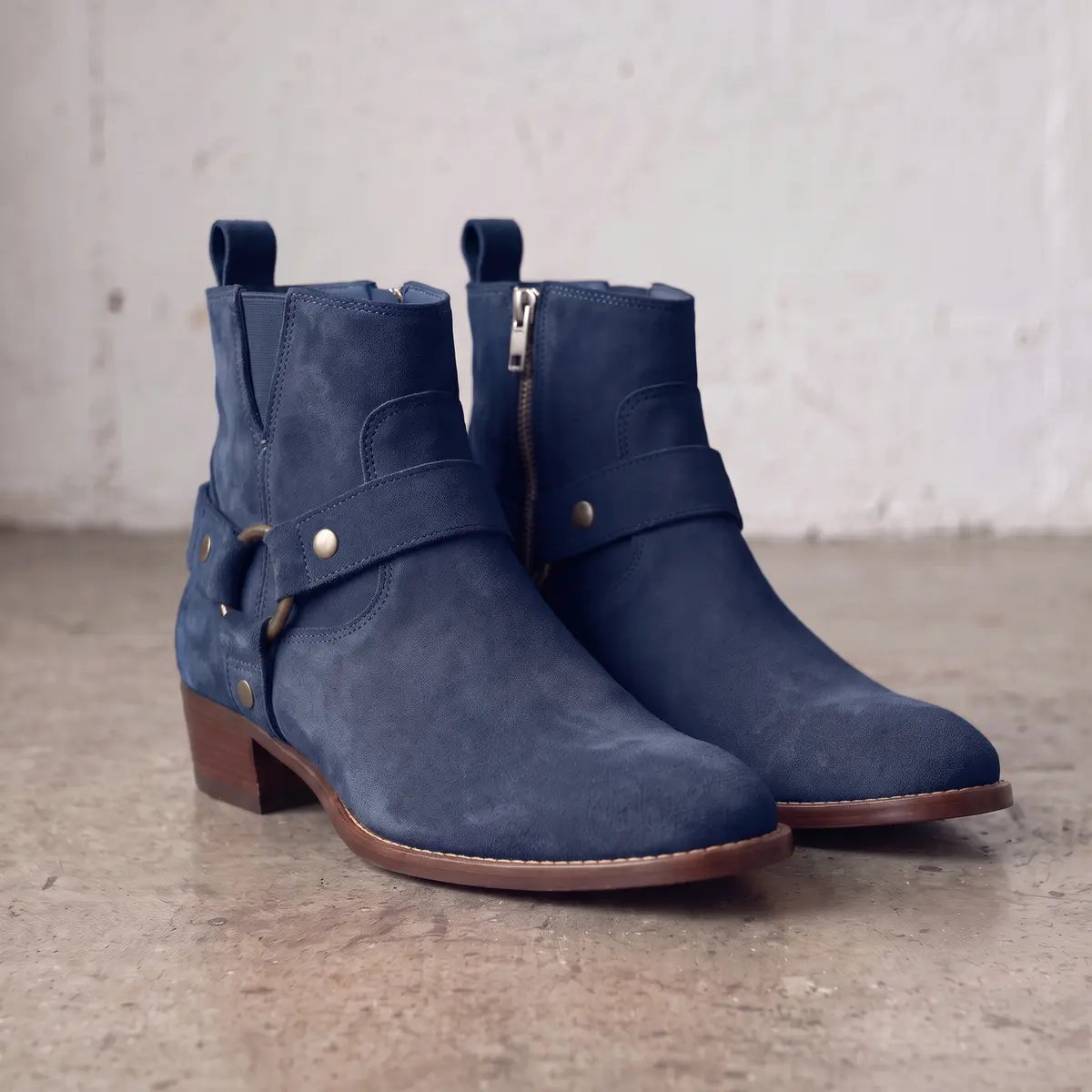 Men's Navy Blue Plain-Toe Suede Harness Boots — Dalton