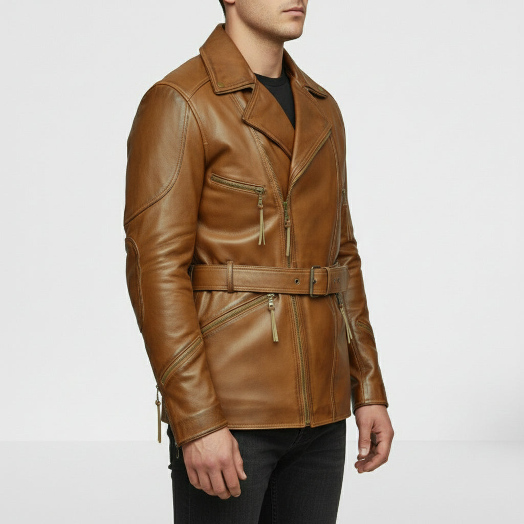 Handmade Men Antique Brown Coat Style Belted Leather Jacket with Multiple Pockets