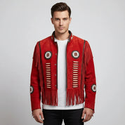 Men's Handmade Fringe Beaded Suede Leather Cowboy Jacket