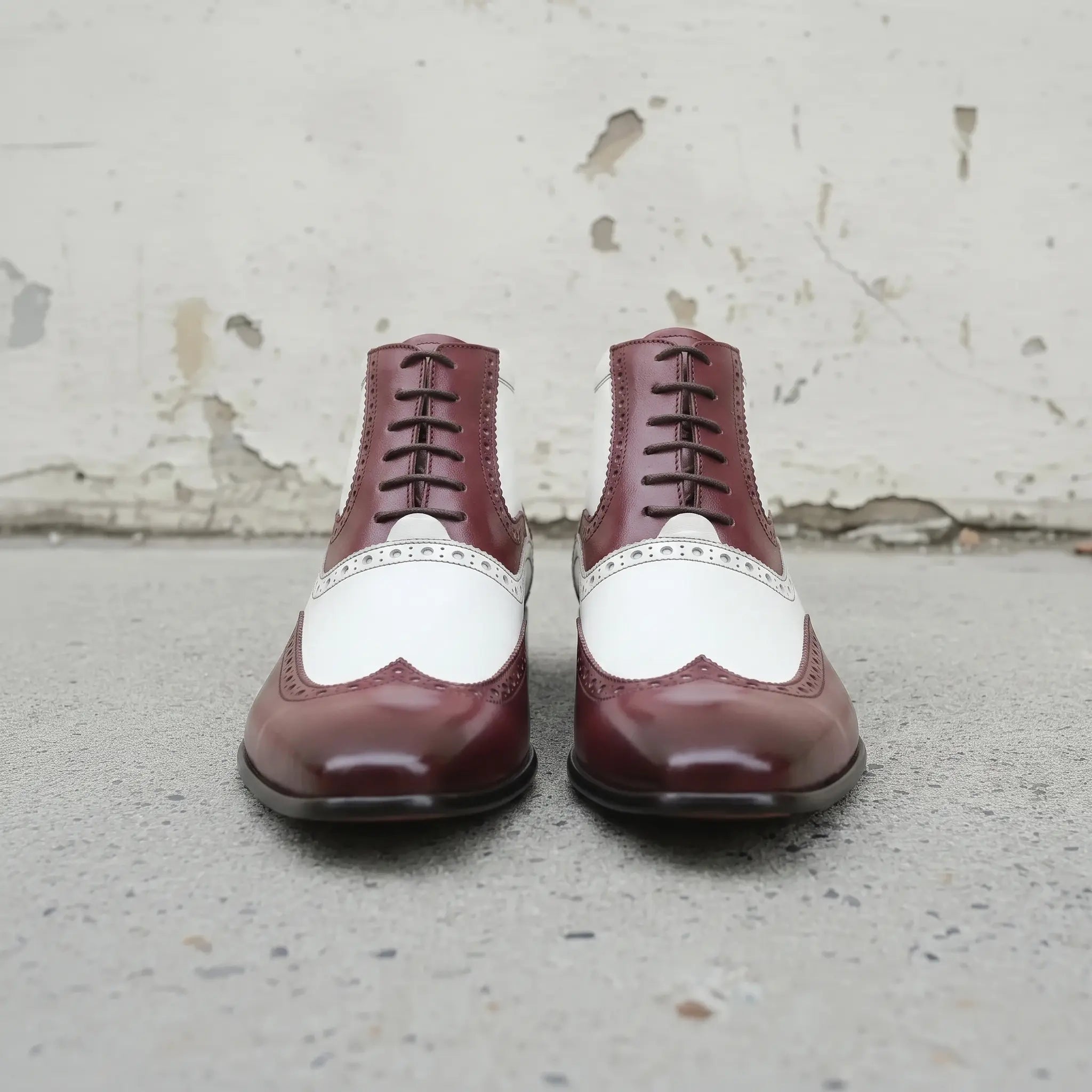 Men's Burgundy and White Wingtip Leather Spectator Boots — Scott