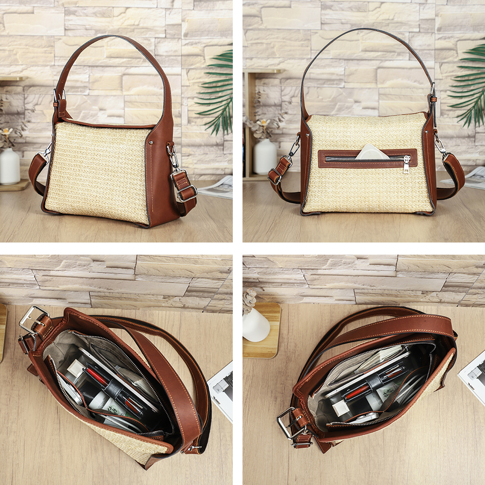 Women's Leather Trim Woven Straw Crossbody Shoulder Bag