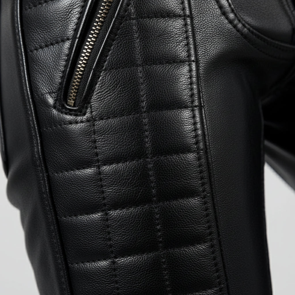Punk Rock Men's Black Leather Pants, Quilted Detail Biker Trousers