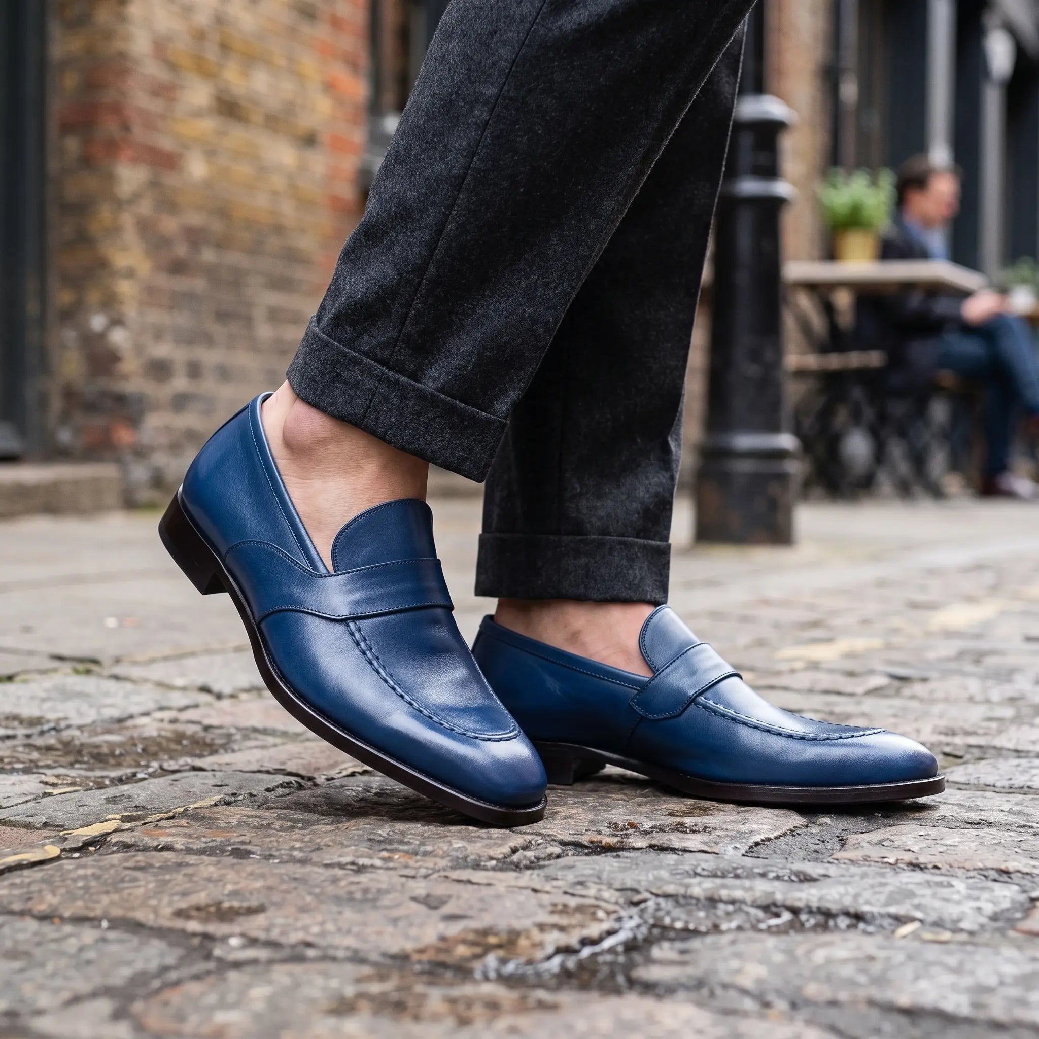 Men's Blue Color Leather Shoes - Blue Formal Shoes - Leather Moccasins